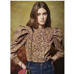 Celia B Sz L Corduroy Virginia Floral Peasant Top Blouse Lace Trim NWT